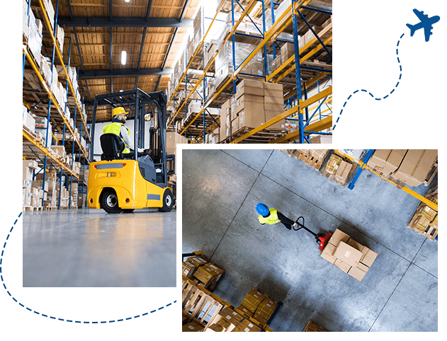 Male warehouse worker pulling a pallet truck. Warehouse man worker with forklift.