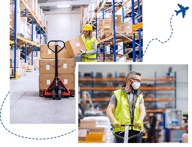 Man worker with protective mask working in industrial factory or warehouse, Female warehouse worker loading or unloading boxes