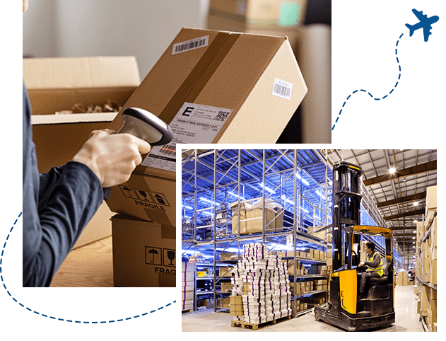 Worker in the motion on forklift in the large modern warehouse, Hands scanning barcode on delivery parcel. Worker scan barcode of cardboard packages before delivery at storage.