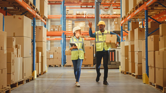 Retail Warehouse full of Shelves with Goods in Cardboard Boxes