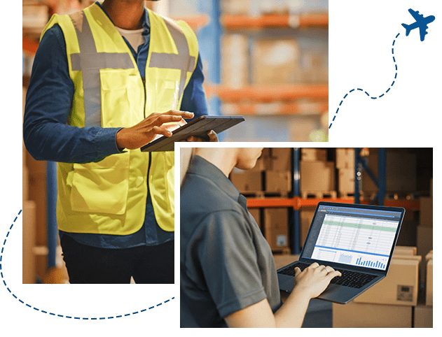 Male Worker Wearing Hard Hat Checks Products Stock and Inventory with Digital Tablet Standing in Retail Warehouse full of Shelves with Goods